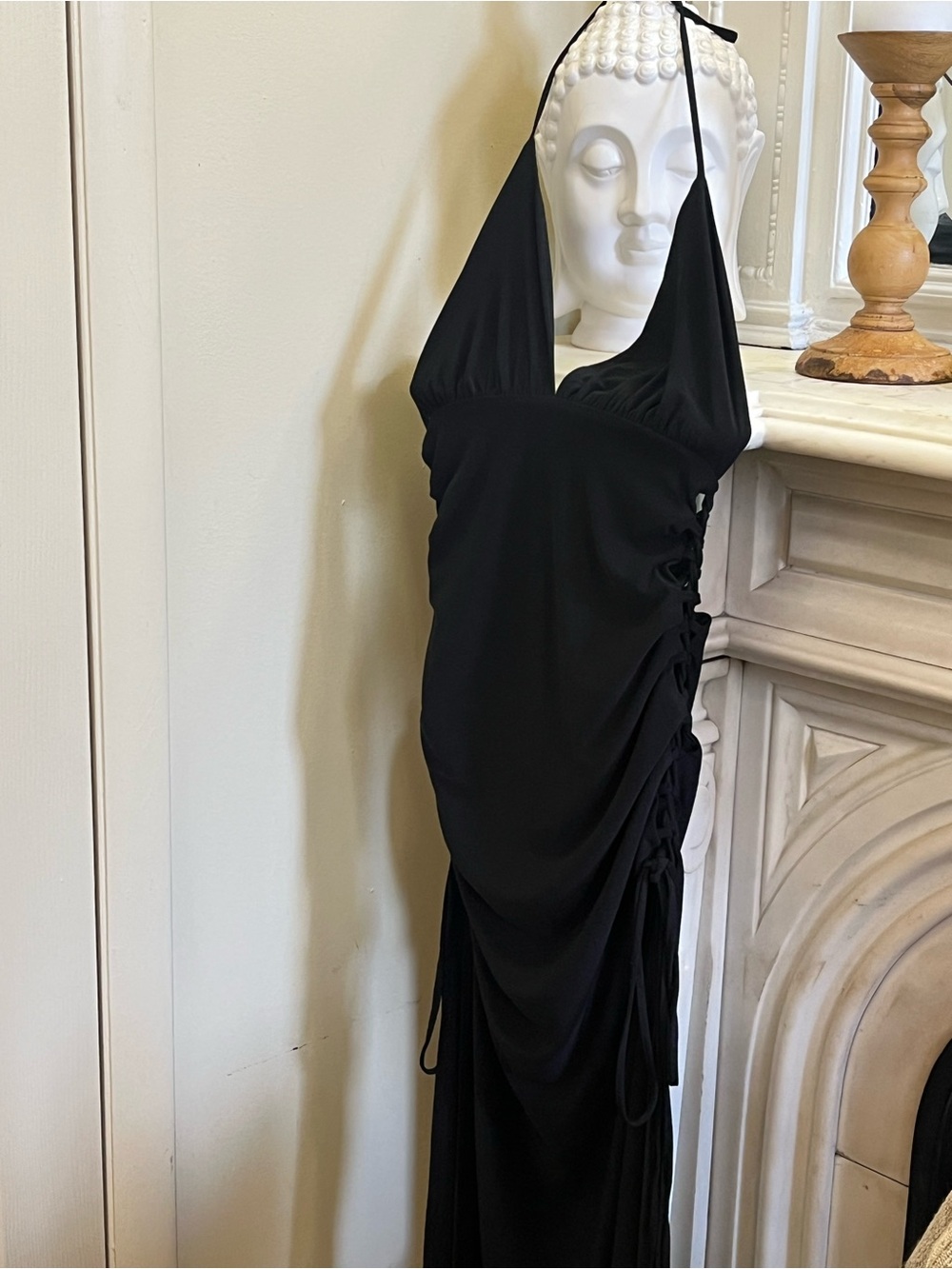 Backless Black Halter Ruched Evening Dress